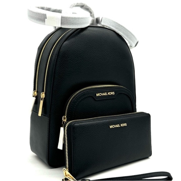 Michael Kors Medium Jaycee Backpack & Large Continental Wallet Black/Gold - Picture 3 of 14